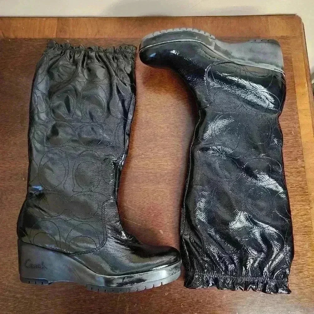 Coach Ceejay Black Patent Leather Wedge Boots Size 9 W/ Original Box Logo Stitch - Picture 2 of 8